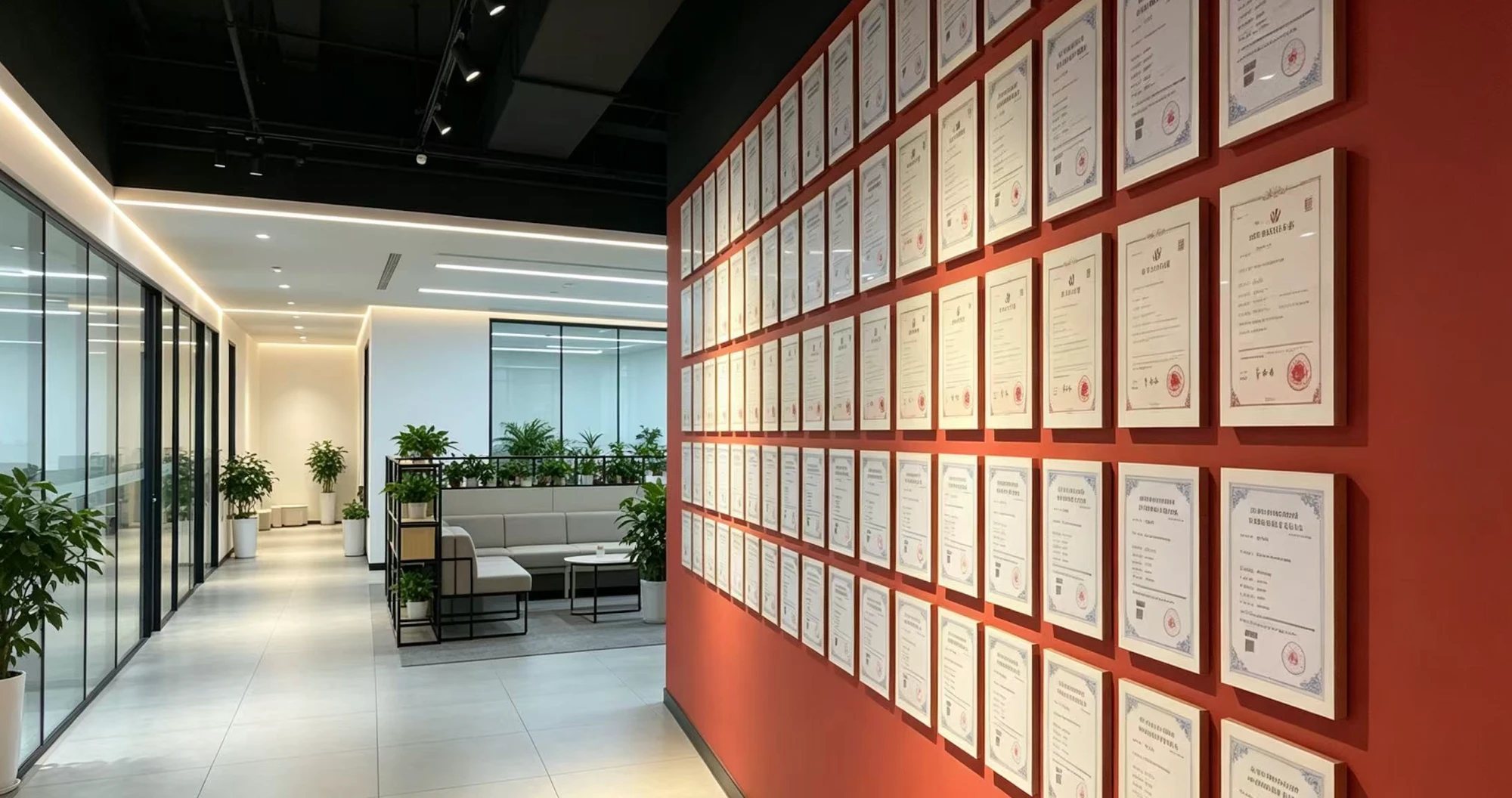 公司资质证书墙：软件著作权登记证书等
